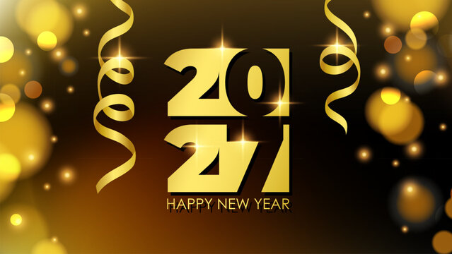 2027 Happy New Year holiday banner. Sparkles and gold ribbons. Bright blurred golden bokeh lights. Vector illustration.