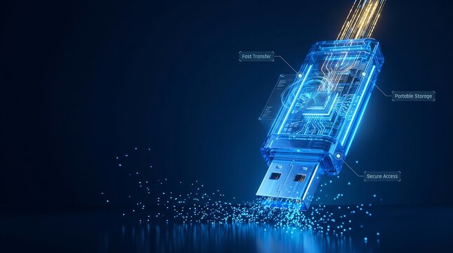 Hardware memory stick displays floating circuit data and high capacity storage metrics as it establishes a secure connection to facilitate advanced digital information transfer across networks.