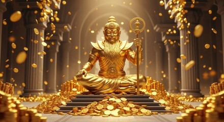 Fototapeta premium Golden deity seated in majestic hall surrounded by coins and columns