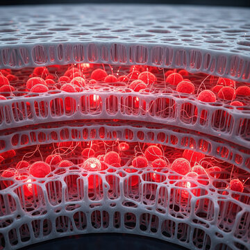 Microscopic View of Red Blood Cells in Capillary