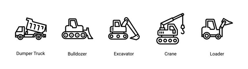 Earth Movers icon set featuring heavy construction vehicles for excavation, lifting and industrial engineering projects. © Arjuna