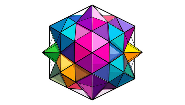 Abstract geometric polyhedron with colorful triangular faces, complex structure, faceted shapes, digital art