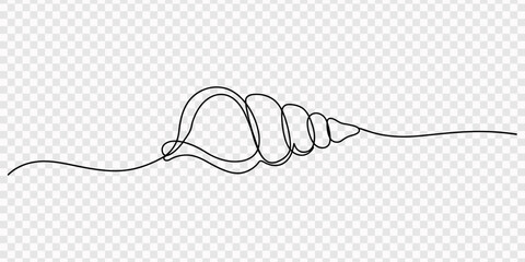 A continuous line drawing of a conch shell on the sandy beach sea ocean wave, Continuous one line drawing of conch snail shell. Marine animal concept continuous line art. Single line art, One line art © Line pro