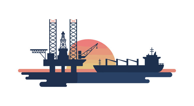 Offshore oil rig and ship silhouette at sunset, industrial maritime drilling platform with vessel on orange ocean horizon background.