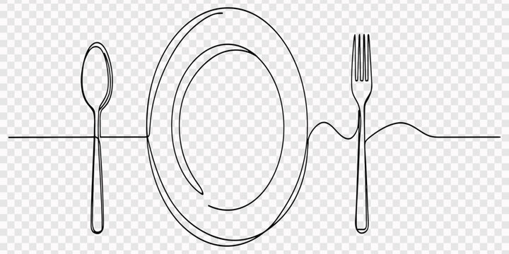 Continuous line art or One Line Drawing of plate, khife and fork. linear style and Hand drawn. one line Icon drawing, Continuous line drawing of a plate with a spoon and fork on it in a minimalist 