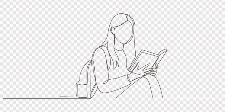 Continuous line drawing of a young man sitting and reading a book on a chair, One continuous line drawing of person enjoying reading book. Single line vector art, minimalist design, education