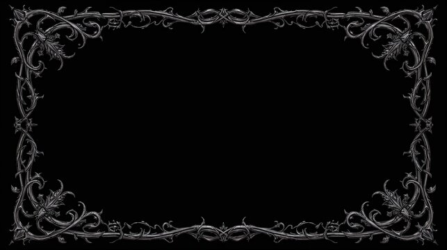 AI Generative. Dark gothic frame with metallic thorny vine ornaments on black background. 2