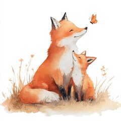 Obraz premium Adult fox and its cub resting with a butterfly nearby