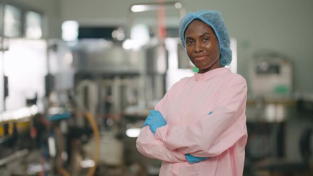 Quality Control at Work: A smiling woman in a light pink lab coat and hairnet stands confidently with her arms crossed in a clean manufacturing facility.