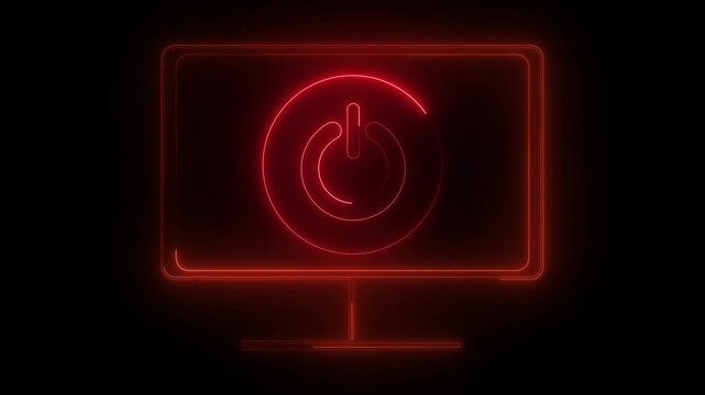 Red neon power button symbol inside circle on monitor screen. Technical red neon power button symbol inside circle for system shutdown interfaces. Tech red neon power button symbol inside circle.