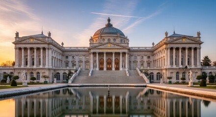 Fototapeta premium Grand architecture building with classical design reflected in tranquil water