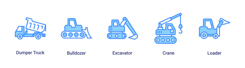 Earth Movers icon set featuring heavy construction vehicles for excavation, lifting and industrial engineering projects. © Arjuna