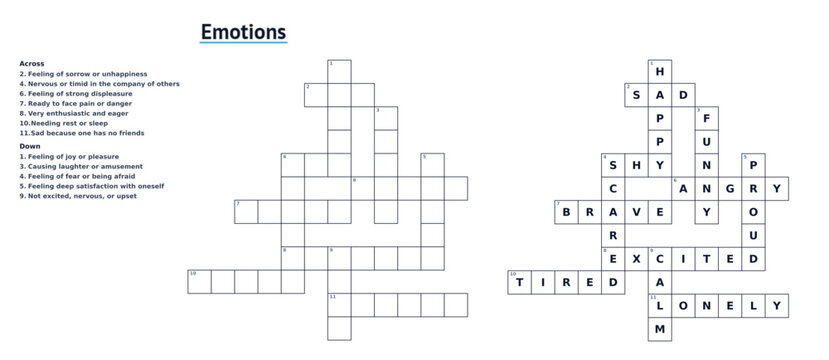 Crossword themed Emotions with clues and solution, printable activity page for adults and kids