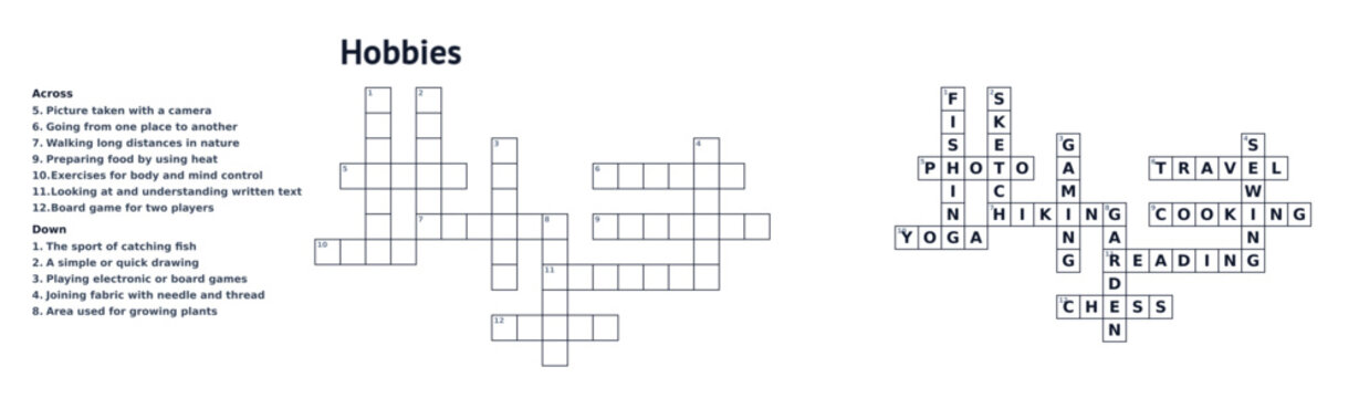 Crossword themed Hobbies with clues and solution, word game grid, printable activity for education and leisure