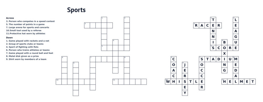 Crossword themed sports puzzle with clues and solution, printable brain teaser for all ages
