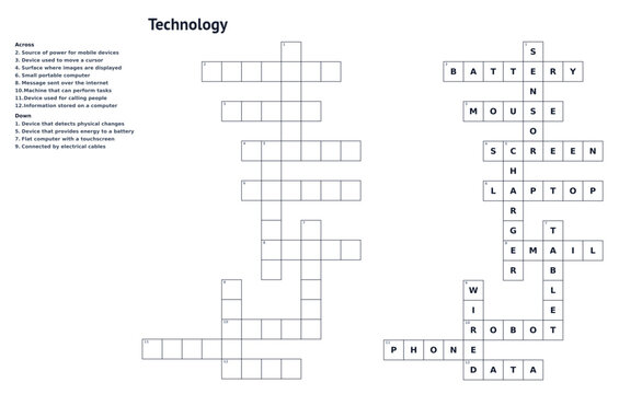Crossword blank technology theme with clues and solution, educational word puzzle, printable activity for kids and adults
