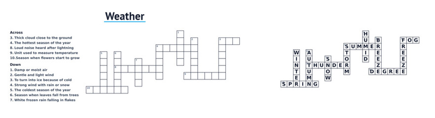 Obraz premium Crossword themed Weather with clues and solution, printable word game puzzle for education and fun