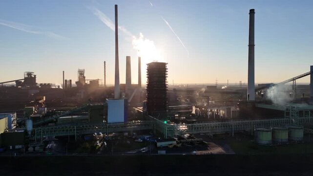 Low parallel drift past smoke filled industrial complex