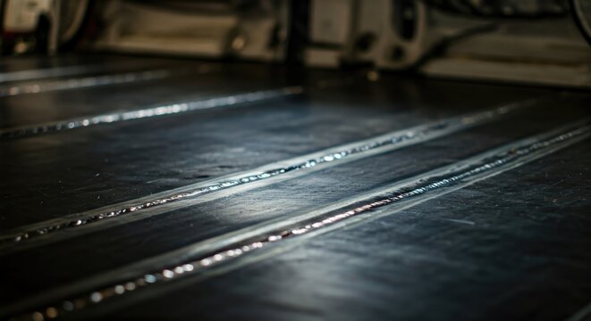 Close-up of parallel welds on dark metal