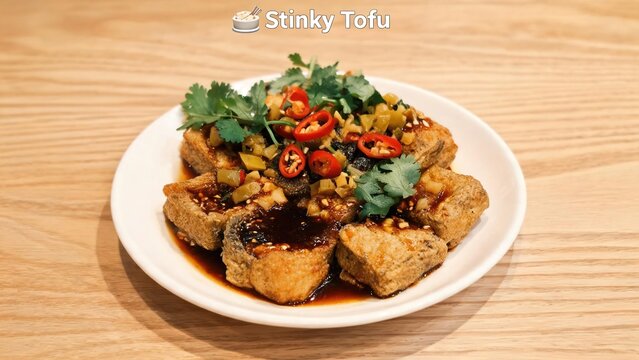 Authentic Chinese Stinky Tofu (Chou Doufu) with Spicy Sauce, Chili, Pickled Vegetables and Cilantro on a White Plate