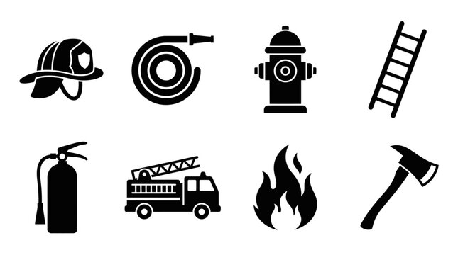 Firefighter and fire safety icon vector collection featuring helmet, hose, hydrant, ladder, extinguisher, truck, flame, and axe for emergency, rescue, and protection design projects.
