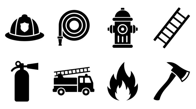 Firefighter and fire safety icon vector collection featuring helmet, hose, hydrant, ladder, extinguisher, truck, flame, and axe for emergency, rescue, and protection design projects.
