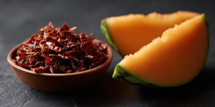An elegant gourmet still life featuring sweet, juicy cantaloupe melon wedges beside a rustic wooden bowl of savory sun-dried tomatoes on a dark slate surface.