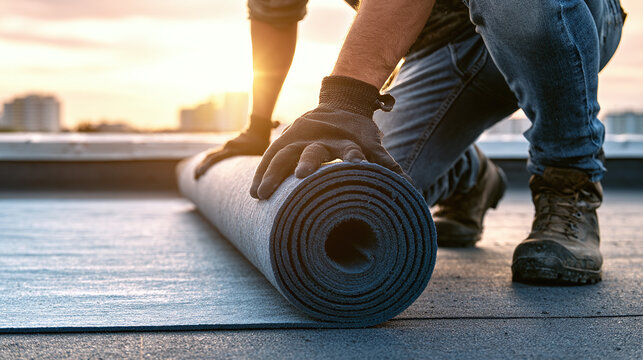 Roofer installing roofing felt on a flat roof during daylight hours, close up.