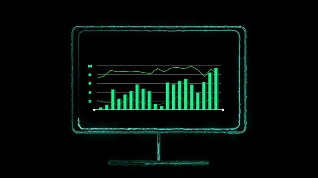 Glowing neon monitor displaying green bar and line graphs. Analytical glowing neon monitor displaying green bar for sales optimization data. Professional glowing neon monitor displaying green bar.