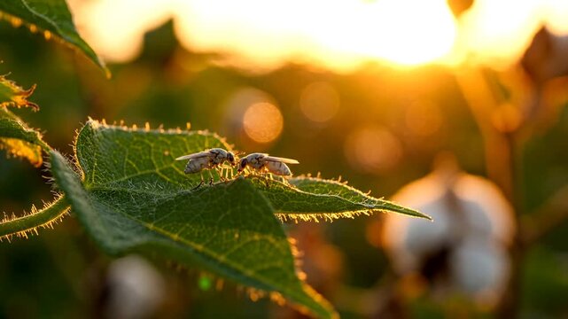 Whitefly Infestation on Cotton Crop Leaf Close Up Insect Activity Warm Golden Sunset Light Agricultural Pest Threat