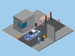 police checkpoint with patrol car, officers, and security gate 3d isometric vector illustration © Creativa Images