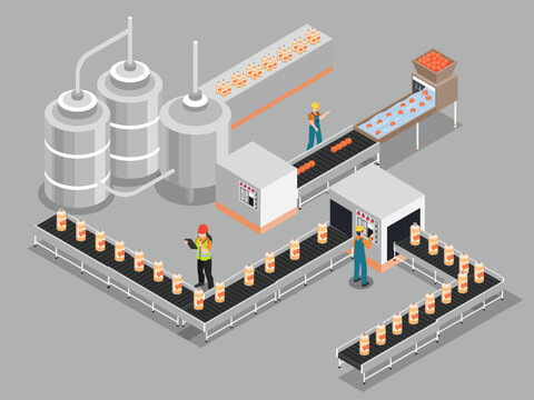 automated orange juice factory production line with washing, sorting, fermentation steel tanks, and bottling conveyor belts. 3d isometric vector illustration