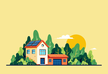 Naklejka premium Modern house with solar panels and trees.