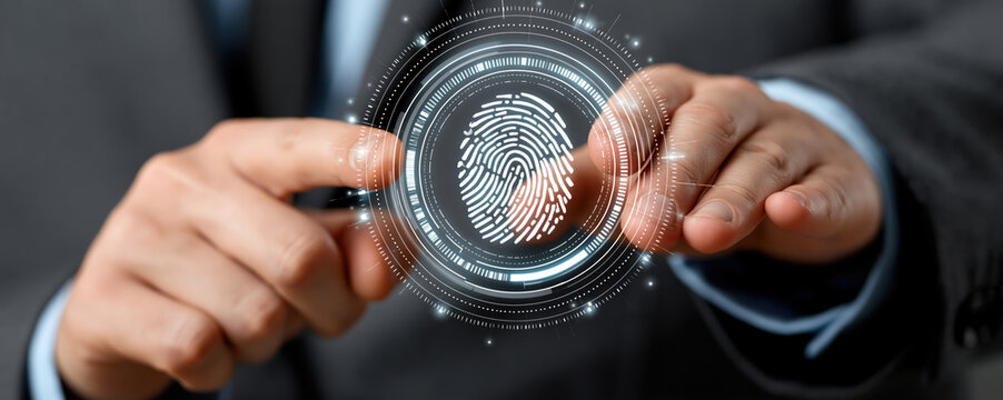 Fingerprint security technology with businessman hand touching digital biometric identification interface for data protection and access control