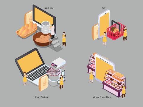 smart bakery technology and online bread ordering concept vector illustration 3d isometric vector illustration
