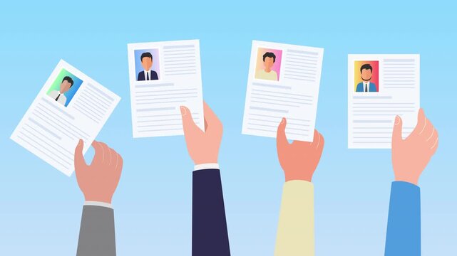 Hands holding resumes and CVs, job recruitment and hiring concept animation