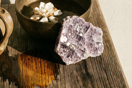 Lepidolite scuff stone and bronze floral bowl on weathered oak for wellness