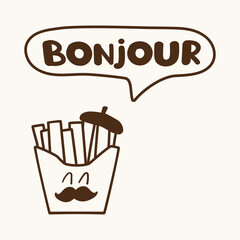 Minimalist cute french fries character in beret line art with bonjour speech bubble © Igor