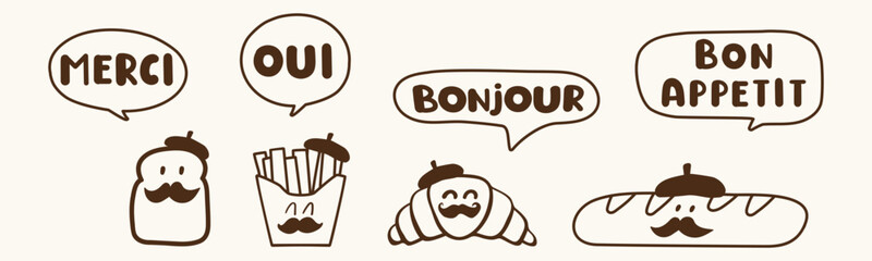 Minimalist french bakery and fast food characters line art set with funny quotes bonjour merci © Igor