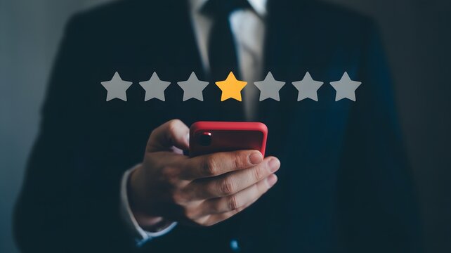 Businessman using mobile phone to give one star rating and customer feedback digital review