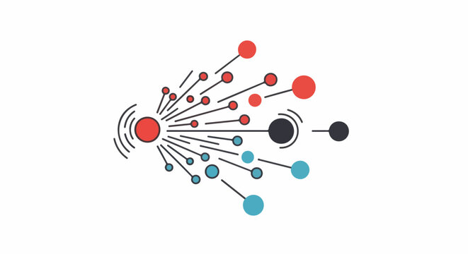 Abstract radiating lines connect a central red circle to smaller red, blue, and black circles