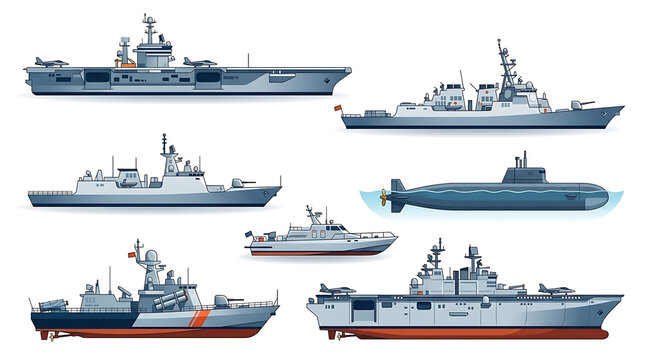 Modern naval warship collection in professional flat vector style. Ideal for maritime, defense, military and educational projects.