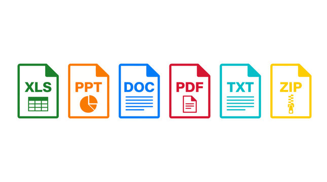 Colorful flat-design file icons for common document formats (XLS, PPT, DOC, PDF, TXT, ZIP) in a modern vector illustration.