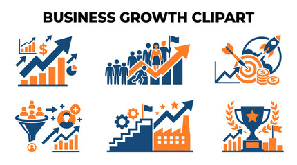 Fototapeta premium Business Growth Clipart Set - Charts Teamwork Target Funnel Trophy Vector