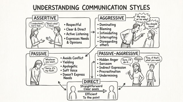 Understanding communication styles infographic, hand-drawn assertive and aggressive behavior chart, psychology education diagram for business training