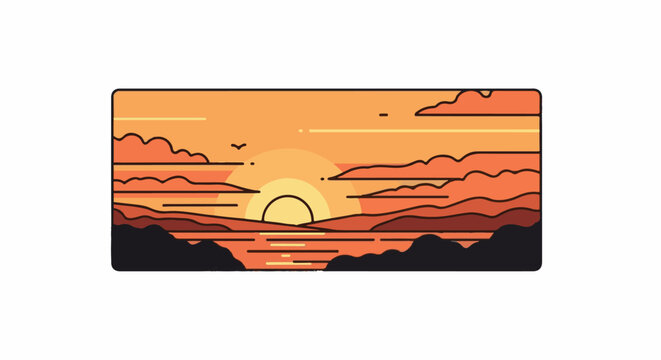 Stylized sunset over water with rolling hills and clouds