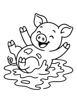 Cute Piglet Playing in Mud: A cheerful cartoon piglet with a big smile joyfully splashes in a puddle of mud, its legs flailing in delight.
