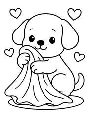 Obraz premium Cute Puppy Cuddling Blanket: A charming, cartoon-style puppy with big, innocent eyes is tenderly embracing a soft blanket, surrounded by little hearts, perfect for coloring or a whimsical touch.