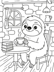 Fototapeta premium Cozy Cafe Sloth: A charming cartoon sloth sits at a cafe table, enjoying a steaming cup of coffee next to a stack of books, in a relaxed and inviting setting.