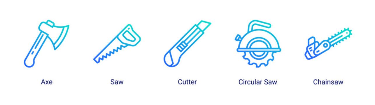 Cutting Tools icon set featuring woodworking and industrial cutting equipment for fabrication and carpentry work.